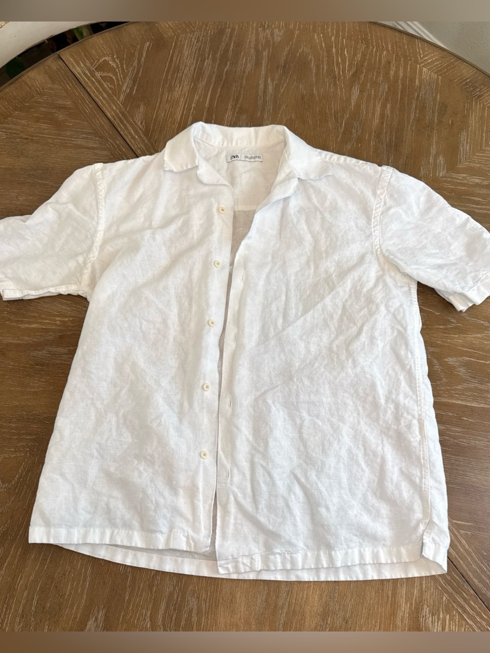 Zara Men's White Linen Blend Short-Sleeve Button-Up Shirt